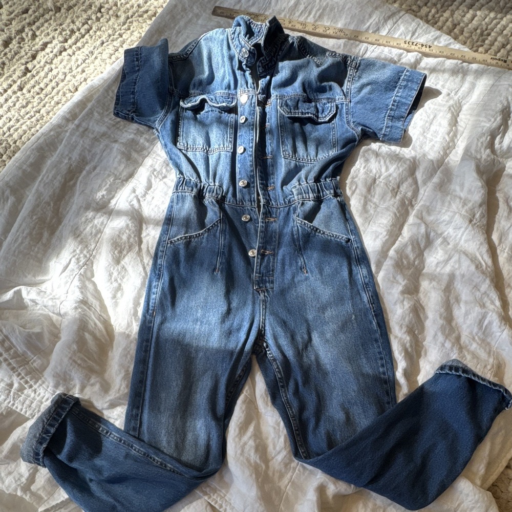 We The Free Women's Blue Denim Button Front Jumpsuit w/ Pockets Short Sleeve S